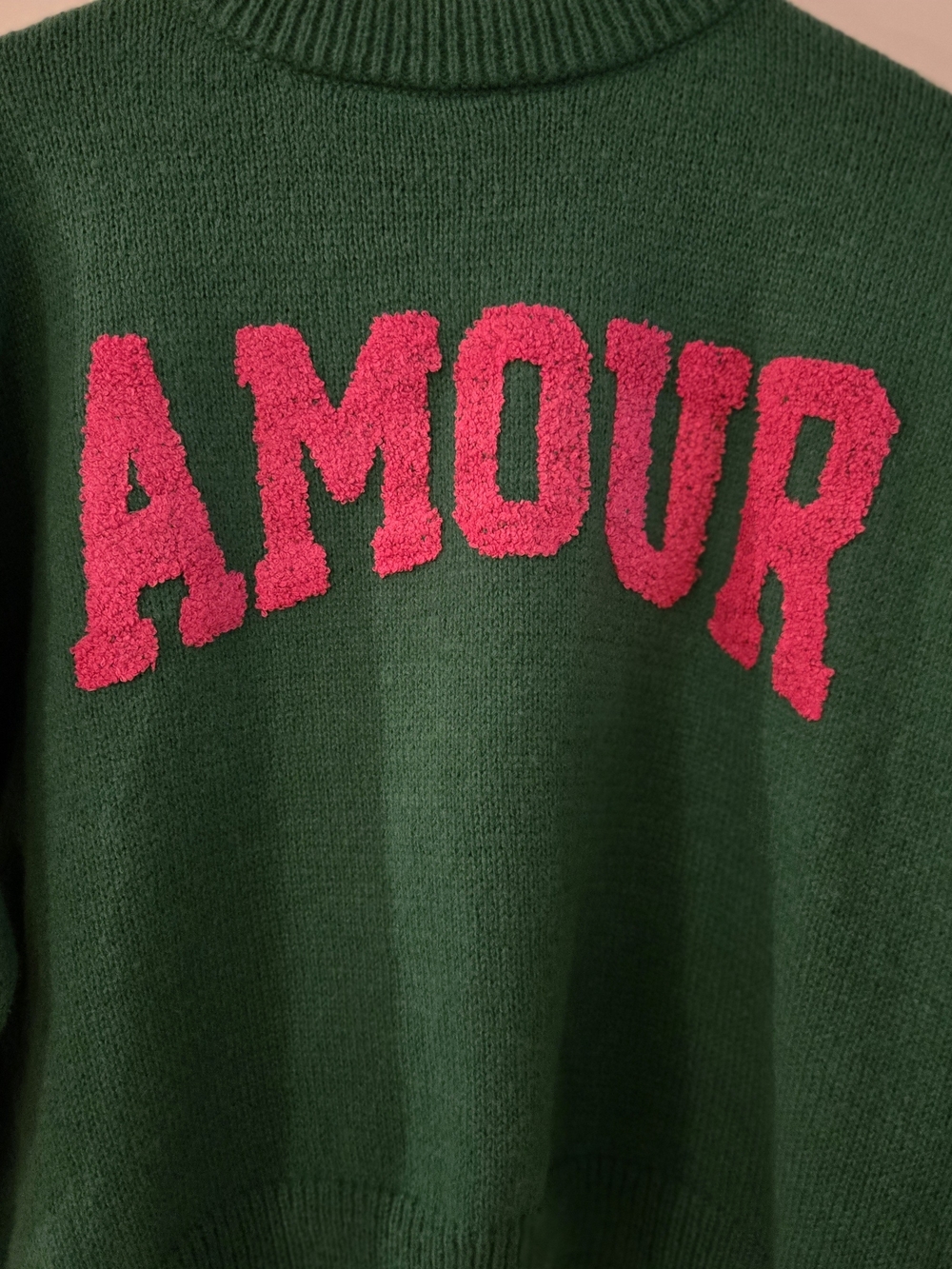 Jubylee Green Knit Sweater with Pink Chenille 'AMOUR'
